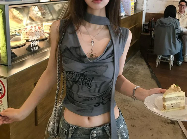 Y2K Tops Woman Letter Print Swing Neck Tight Vest T-Shirt for Women's Summer Elegant Sexy Sleeveless Vest Top Woman Clothing